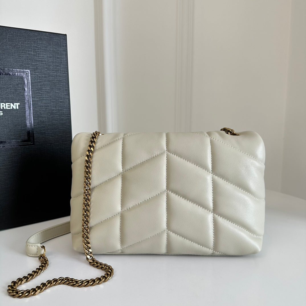 YSL Loulou Puffer Toy Quilted Lambskin Shoulder Crossbody Bag with Chain Strap White (23 x 15.5 x 8.5) cm