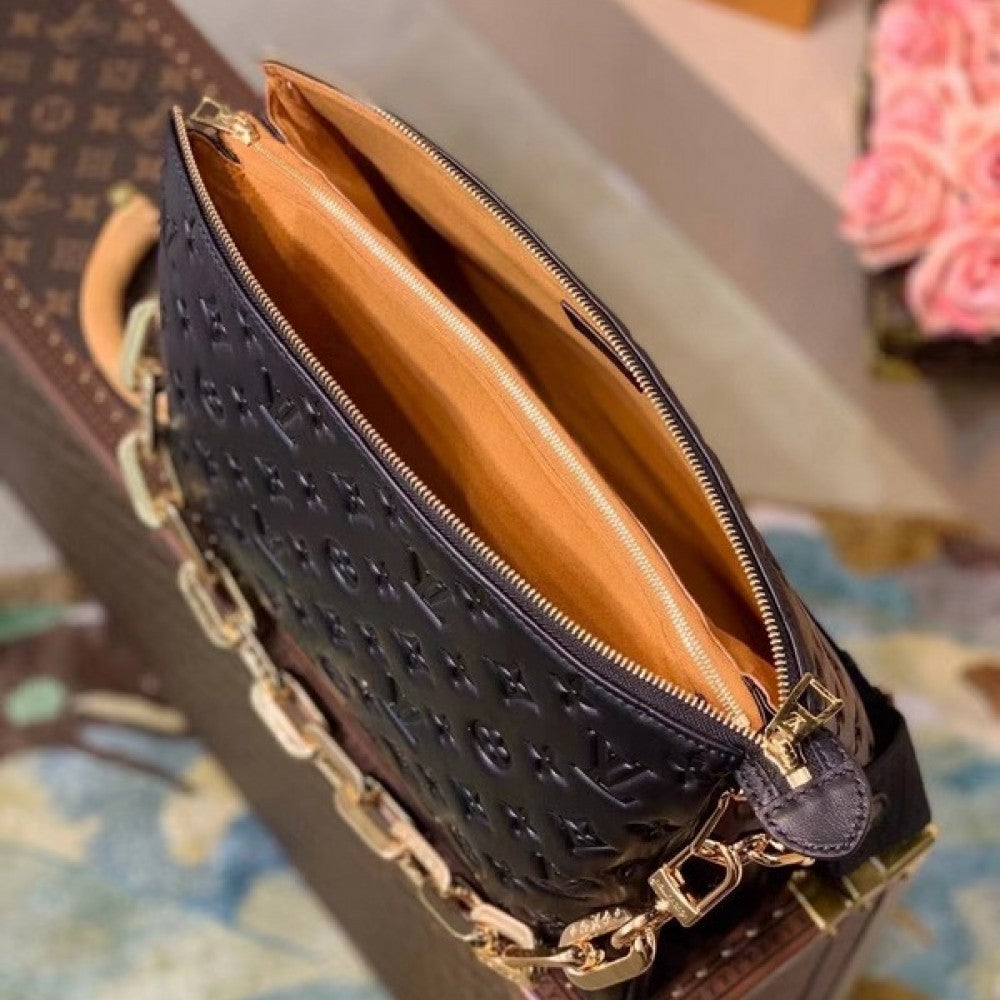 LV Coussin MM Monogram Empreinte Leather Shoulder Crossbody Bag with Black Quilted Exterior and Gold Chain Strap